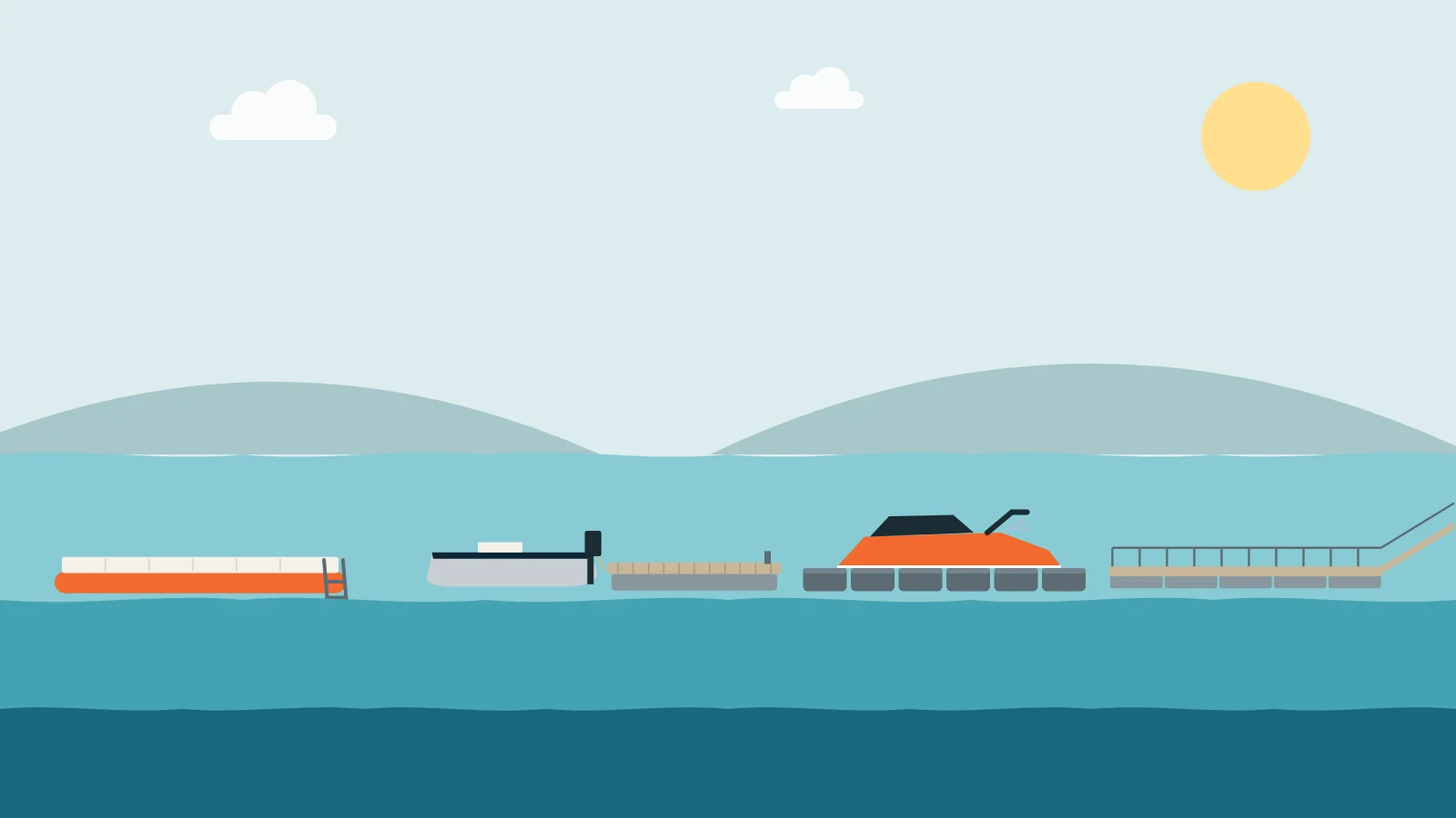 Illustration of four dock types side by side: inflatable pontoon, boat dock, jet dock and floating jetty