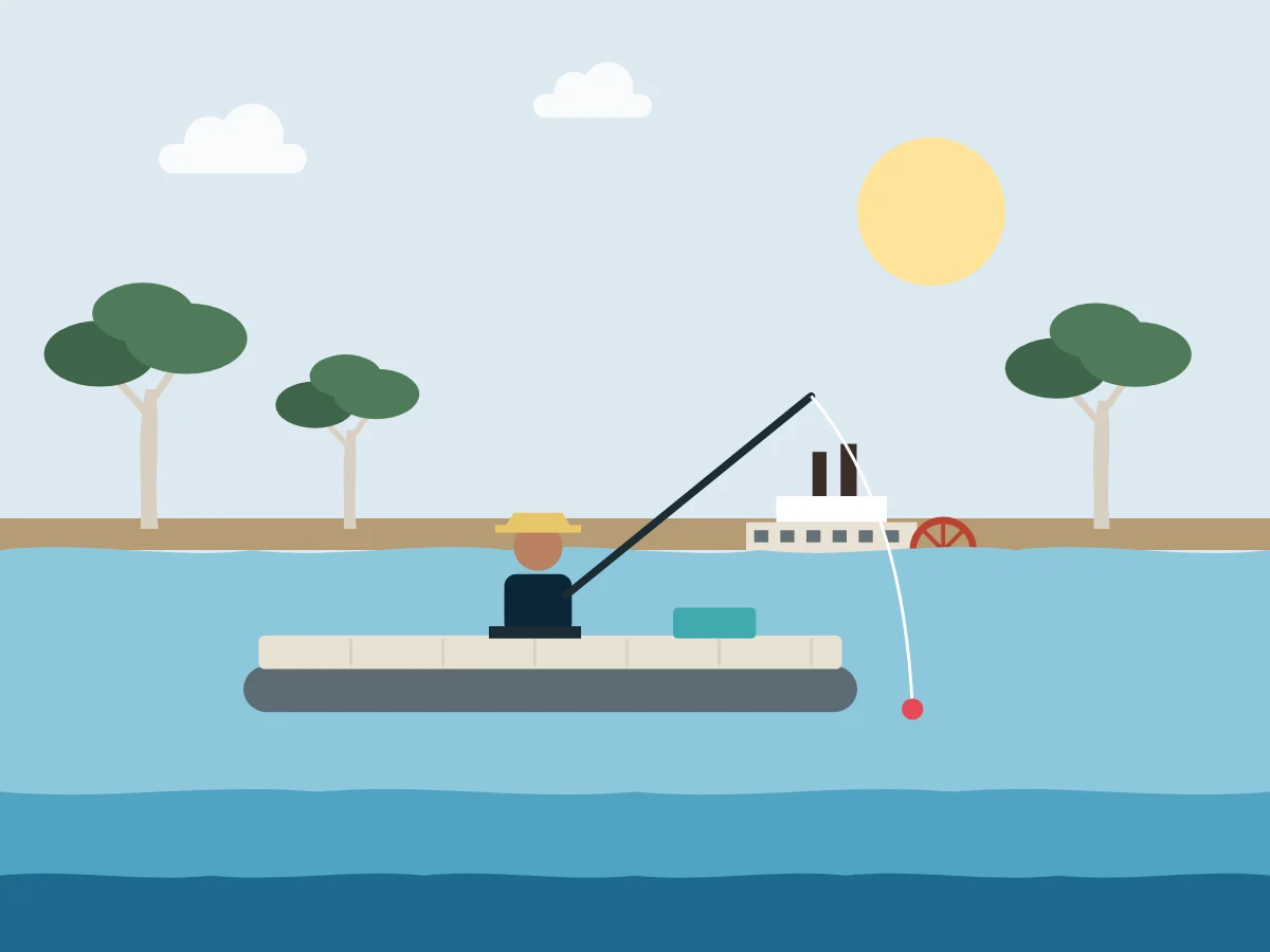 Illustration of a fishing platform with an angler on Murray River, Echuca