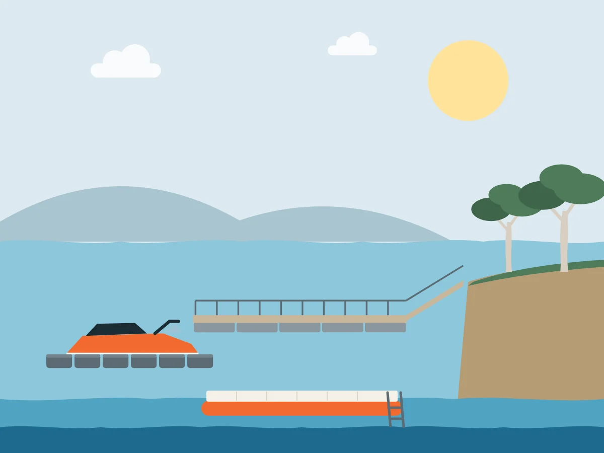 Illustration of an inflatable pontoon, a jet dock with jet ski and a floating jetty on Australian water