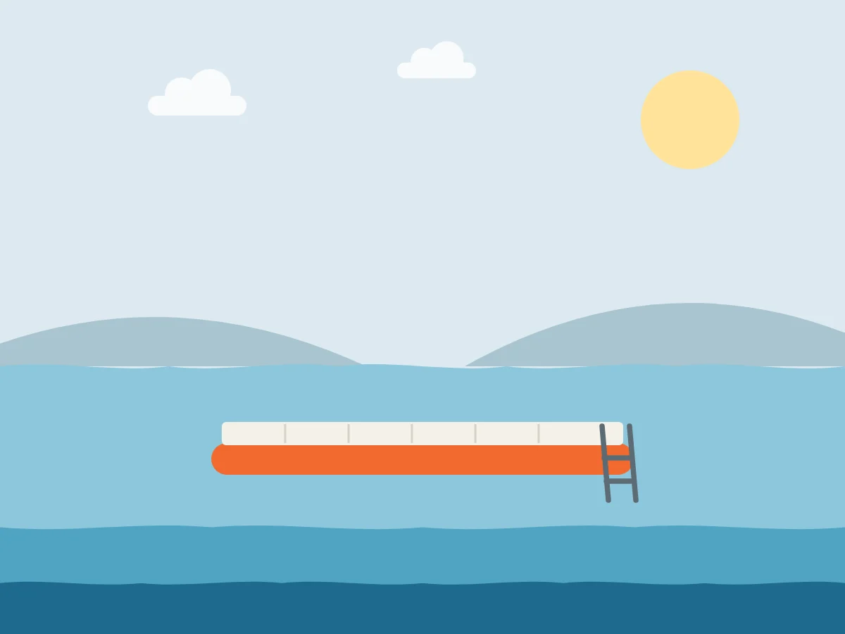 Illustration of an inflatable pontoon with deck and ladder floating on calm water