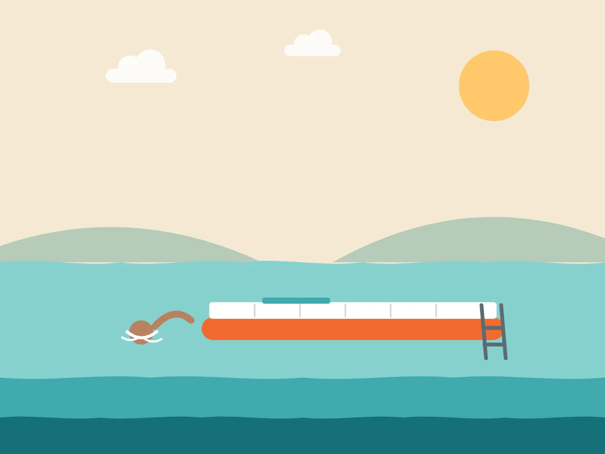 Illustration of a swimmer next to an inflatable swim platform